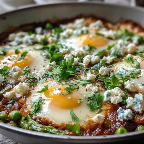 Spring-inspired Pea and Broad Bean Shakshuka features soft boiled eggs nestled in a spicy tomato sauce.