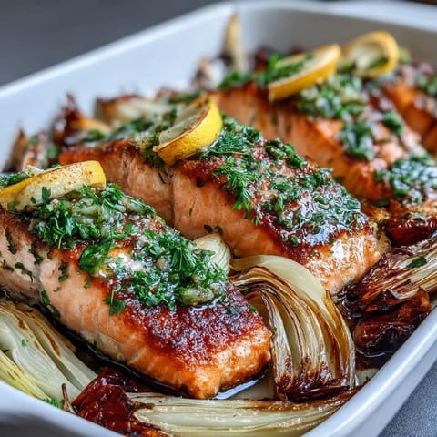 The roasted One-Pan Roast Salmon with Leeks, Onions, and Parsley Dressing is plated for dinner.