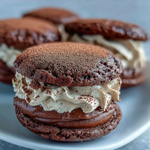 Two Tiramisu Whoopie Pies are stacked with creamy coffee mascarpone filling and a dusting of cocoa.