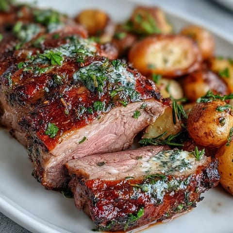 Golden, herb-crusted One-Pan Roast Rack of Lamb rests beside crispy potatoes studded with bright green olives.