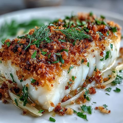 Baked Halibut With Fennel, Lemon and Walnut Pangrattato garnished with fresh parsley in a white ceramic dish.