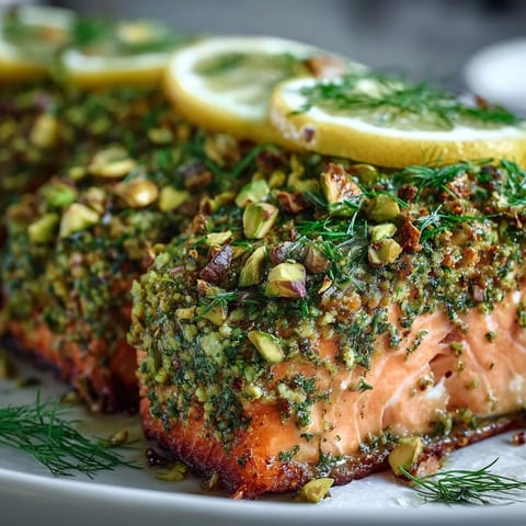 Freshly baked Confit Salmon With Tahini, Pistachio and Herb Crust served warm with lemon wedges and a drizzle of olive oil.