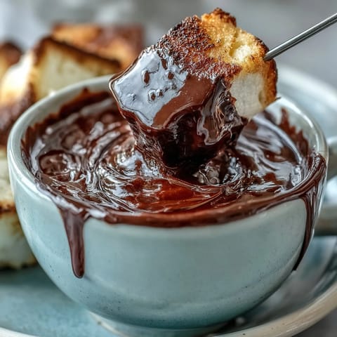 A close-up of Boozy Chocolate Fondue with strawberry and pretzel dippers on a rustic board.