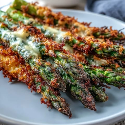 Baked Crispy Asparagus Asiago Spears on a rustic platter, golden crust with hints of smoked paprika and garlic.