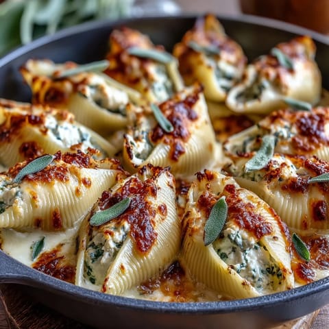Golden-brown baked Pumpkin & Gouda Stuffed Shells bubbling in a white dish with fresh sage garnish.