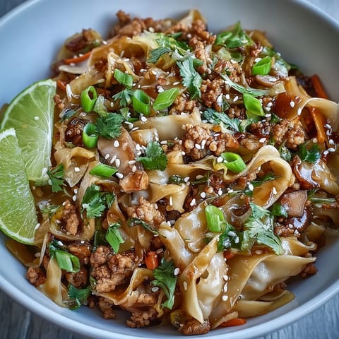Savory Potsticker Noodle Bowls served steaming hot, with browned pork, crisp cabbage, fresh herbs, and sesame seeds for a comforting bowl.