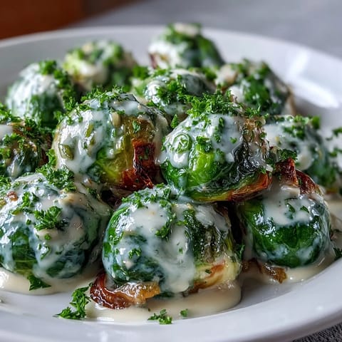 Hearty Brussels sprouts in a rich, creamy Dijon mustard sauce with onion and garlic, served warm from a skillet with a lemony finish.