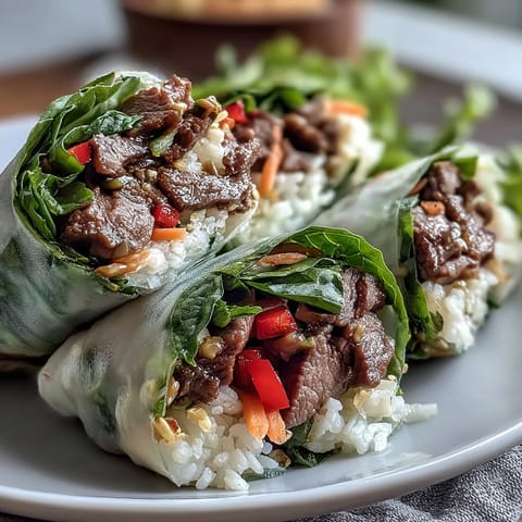 Tightly rolled Thai Basil Beef Rolls filled with beef, cucumber, carrots, fresh herbs, and soft rice paper wrappers.