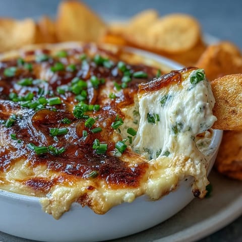 Warm, bubbly Smoked Gouda & Onion Dip fresh from the oven, garnished with chopped chives.