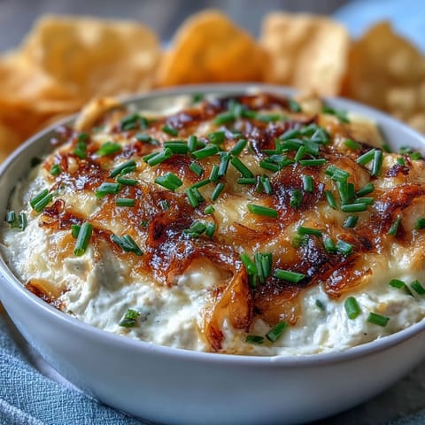This golden, baked Smoked Gouda & Onion Dip is served warm with crunchy tortilla chips.