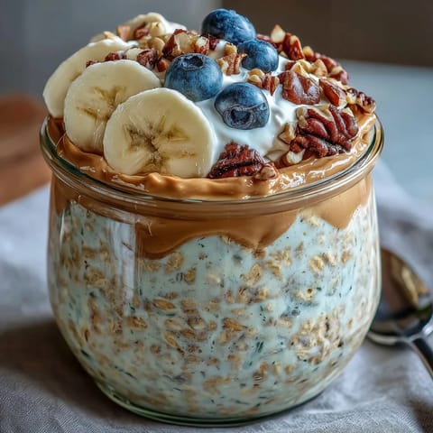 Creamy High-Protein Peanut Butter Overnight Oats in a glass jar topped with banana slices and chopped peanuts.