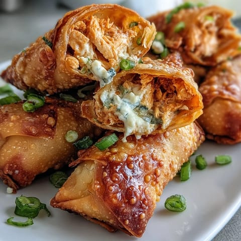 Golden-brown Buffalo Chicken Dip Egg Rolls rest on a platter, with a small bowl of creamy dipping sauce and celery sticks on the side.