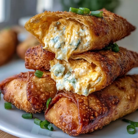 Golden, crunchy Buffalo Chicken Dip Egg Rolls, filled with creamy, spicy chicken dip and melty cheddar, paired with fresh celery sticks.