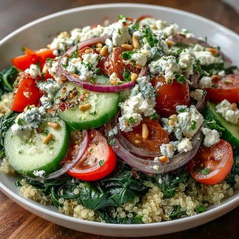 Spinach and Feta Grain Bowl topped with bright cherry tomatoes and crumbled feta, drizzled with lemon dressing for a fresh lunch.