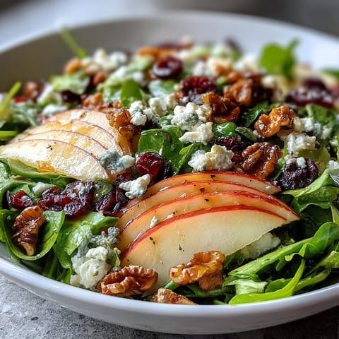 A vibrant vegetarian salad bowl with mixed greens, sweet apples, crunchy walnuts, and crumbled feta, drizzled with apple cider vinaigrette.