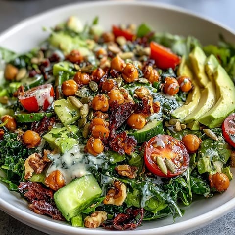 Vibrant Mixed Greens Power Bowl featuring chickpeas, red bell peppers, and pumpkin seeds, beautifully layered on a white plate for a colorful vegan lunch.