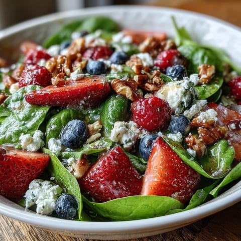 Spinach and Berry Salad Bowl topped with crumbled goat cheese, sliced strawberries, blueberries, and pecans, served in a white bowl as a colorful vegetarian side dish.
