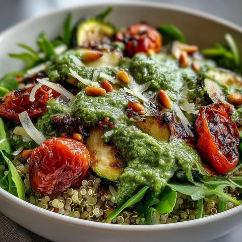 Colorful Arugula Pesto Bowl with zesty pesto drizzled over quinoa, tomatoes, and zucchini.