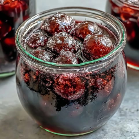 Deep purple homemade Blackcurrant Liqueur glows in a glass bottle, with fresh berries and a rum bottle nearby.