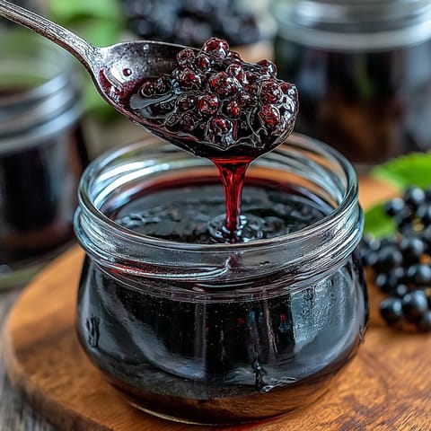 Vibrant purple Black Currant Shrub syrup glistening in a glass jar, ready to mix into a bubbly soda or cocktail.