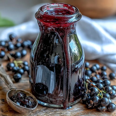 A glass bottle of homemade Black Currant Syrup sits beside fresh berries and a drizzled spoonful.