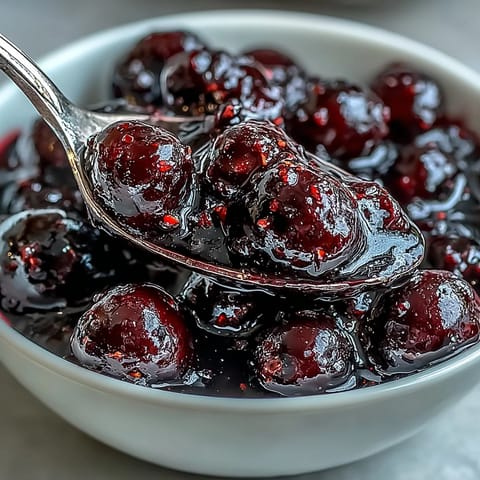 Homemade Black Currant Sauce simmering in a saucepan, its vibrant purple color thickening to a perfect glossy consistency.