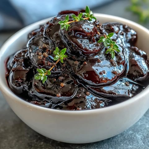 Glossy black currant glaze in a jar with a wooden spoon, showcasing its deep purple hue and sticky, tangy-sweet consistency.