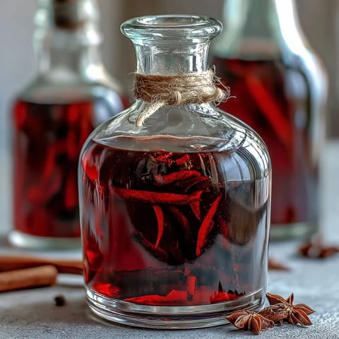 Homemade spiced blackcurrant vodka liqueur in a clear glass bottle with a cork, surrounded by fresh blackcurrants, cinnamon sticks, star anise, and lemon zest on a rustic wooden table.