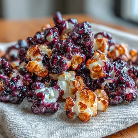 Black Currant Cheesecake Kettle Corn with tangy black currant and creamy cheesecake coating on golden kettle corn.