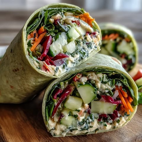 Vibrant spring vegetable and hummus wraps with spinach tortillas, layered with crunchy carrots, cucumbers, and fresh herbs.