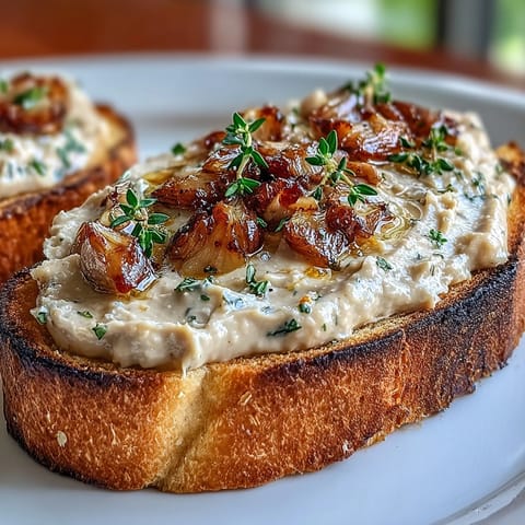 Creamy white bean and roasted garlic spread slathered on golden sourdough toast, garnished with fresh herbs and olive oil drizzle.  