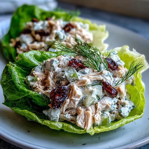 Fresh Greek yogurt chicken salad lettuce wraps with crunchy vegetables and herbs in crisp lettuce leaves.  