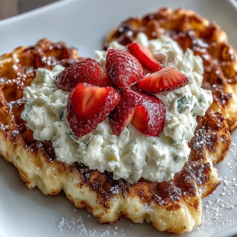 Fluffy heart-shaped waffles topped with a light cottage cheese whip and juicy fresh strawberries for a romantic breakfast.