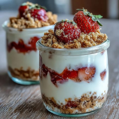Strawberry cheesecake overnight oats with graham crumble in a glass jar, topped with fresh strawberries and golden graham cracker crumbs.