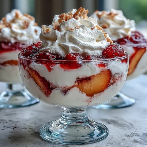 Fluffy Yogurt Peach Melba Cups with Toasted Almonds: elegant parfait with fresh peach slices, smooth yogurt, and ruby-red raspberry drizzle topped with golden toasted almonds.