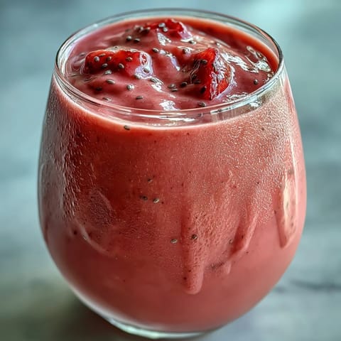 A creamy, protein-rich smoothie with fresh strawberries, banana, and chia seeds for a delicious and energizing breakfast.
