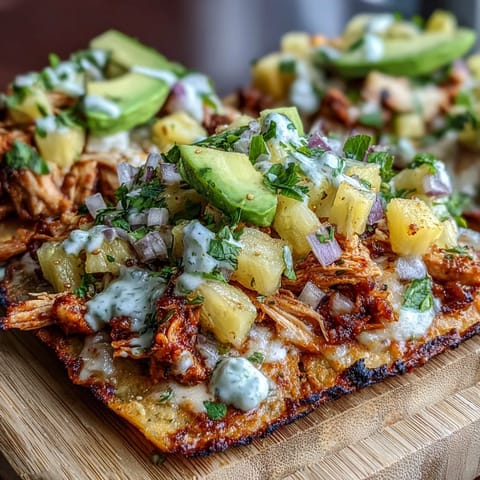 Golden tostada shells topped with tender chicken, fresh pineapple salsa, and tangy lime crema for a flavorful dish.
