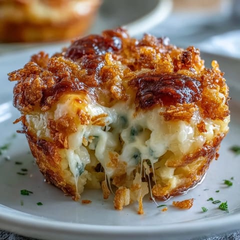 Funeral potatoes muffin cups baked to golden perfection, featuring creamy hash browns, melted cheese, and a crunchy cornflake topping.  