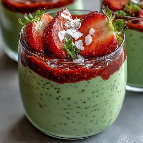 Vibrant strawberry matcha overnight chia oats layered with creamy matcha-infused oats and fresh strawberry compote in a glass jar.