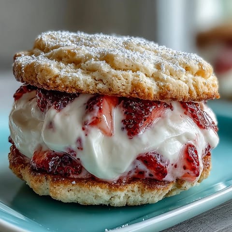 Delicious strawberry shortcake cookies with cream filling, stacked on a rustic wooden board, perfect for spring gatherings.  