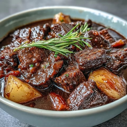 Hearty beef stew with tender chuck, root vegetables, and rich broth in a rustic bowl.  