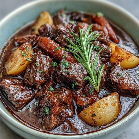 Slow cooker beef stew featuring carrots, parsnips, and potatoes in a savory wine-infused gravy.  