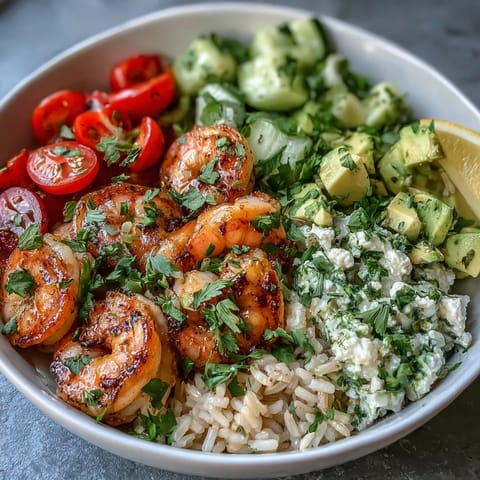 Easy Healthy Lemon Garlic Shrimp Bowls served over fluffy brown rice with fresh vegetables and avocado slices.