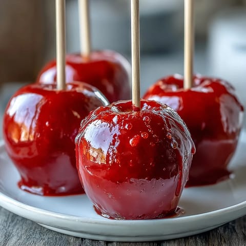 Bright red candy apples with a hard, shiny coating sit on parchment paper, ready to be enjoyed at holiday gatherings or autumn fairs.