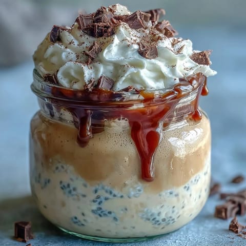 Creamy vanilla bean frappuccino overnight oats layered in a jar with espresso, topped with whipped cream and chocolate shavings for a coffeehouse-inspired breakfast treat.