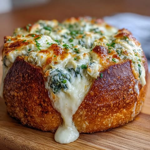 Creamy spinach and artichoke dip baked in a crusty sourdough bread bowl for St. Patrick's Day celebrations.