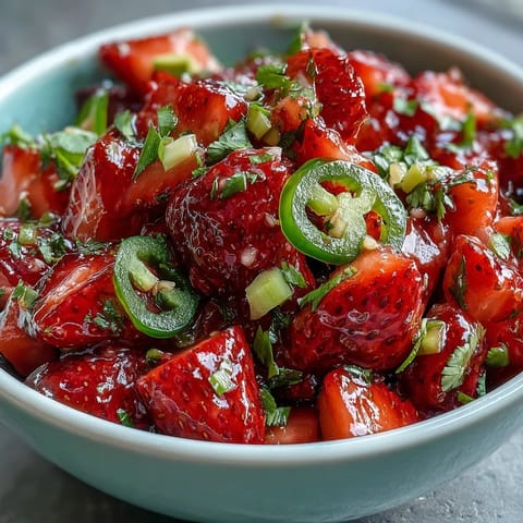 Fresh strawberry salsa with lime and jalapeño, bursting with sweet and spicy flavors, perfect for tacos or dipping.