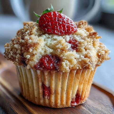 Fluffy muffins bursting with juicy strawberries and finished with a sweet, crumbly streusel.  