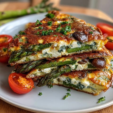 Healthy Easy Spring Veggie Frittata with asparagus, spinach, and feta, golden and fluffy straight from the oven.