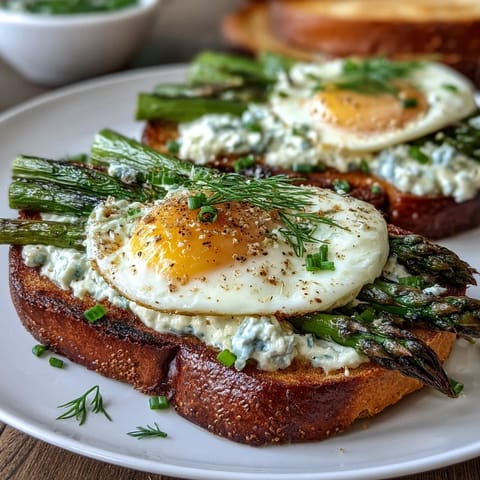 Asparagus and Egg Tartines with creamy scrambled eggs and crisp asparagus spears on toasted bread.